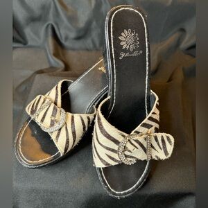 Zebra Animal Print Calf Hair Leather slides Rhinestone Buckle Yellow Box Sz 6.5
